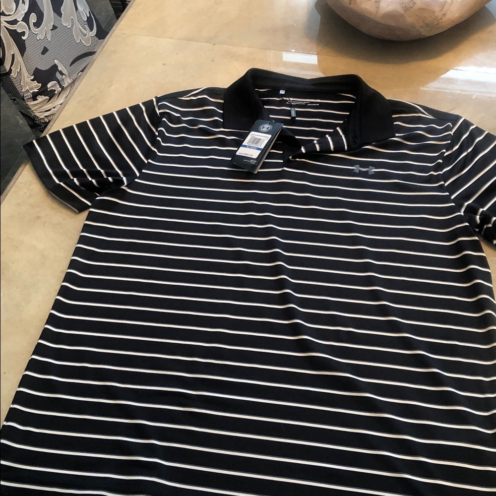 NWT Under Amour Silky feel  Black & White Striped Performance Polo sz XL